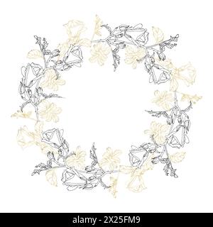 Wilde Rosen blühen mit Blättern Kreiskranz. Handgezeichnete Illustration mit schwarzer Tinte und goldener Folie für Karte, Logo oder Hochzeitseinladungen. Eleganz Stock Vektor