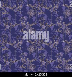 Kleine Rosen Silhouette und goldene Folienblume mit Blättern. Violettes, von Hand gezeichnetes nahtloses Muster für Textil, Blumengrün für Oberflächengestaltung von Stock Vektor