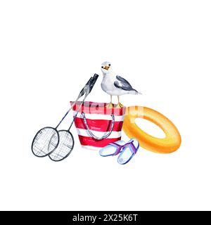Aquarellkomposition des Sommerthemas, rot gestreifte Strandtasche, Badmintonschläger, oranger aufblasbarer Kreis, Hausschuhe und Seevögel, Urlaub und Urlaub Stockfoto