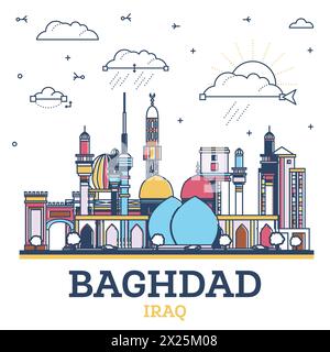 Umreißen Sie die Skyline von Bagdad Iraq City mit farbigen historischen Gebäuden, isoliert auf Weiß. Vektordarstellung. Bagdad Stadtbild mit Wahrzeichen. Stock Vektor