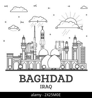 Umreißen Sie die Skyline von Bagdad Iraq City mit historischen Gebäuden, isoliert auf White. Vektordarstellung. Bagdad Stadtbild mit Wahrzeichen. Stock Vektor