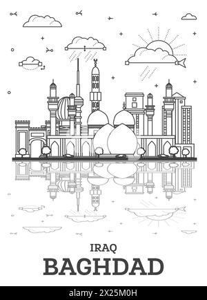 Umreißen Sie die Skyline von Bagdad Iraq City mit historischen Gebäuden und Reflektionen, isoliert auf Weiß. Vektordarstellung. Bagdad Stadtbild mit Wahrzeichen. Stock Vektor