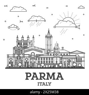 Umreißen Sie die Skyline von Parma Italy mit historischen Gebäuden, isoliert auf Weiß. Vektordarstellung. Parma Stadtlandschaft mit Wahrzeichen. Stock Vektor