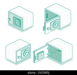 Isometrischer Safe mit offenen und geschlossenen Türen. Konturobjekt isoliert auf weißem Hintergrund. Vektorabbildung. Sicherheitssymbol. Leerer Safe ab d Stock Vektor