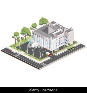 Isometrisches Einkaufszentrum. Infografik-Element. Supermarktgebäude. Vektorabbildung. Menschen, Lastwagen und Bäume mit grünen Blättern isoliert auf weiß Stock Vektor