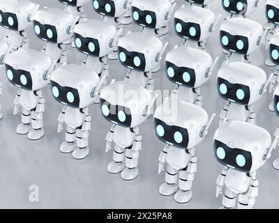 3D-Rendering-Gruppe von niedlichen und kleinen künstlichen Intelligenz-Assistenten-Robotern mit Cartoon-Charakter Stockfoto