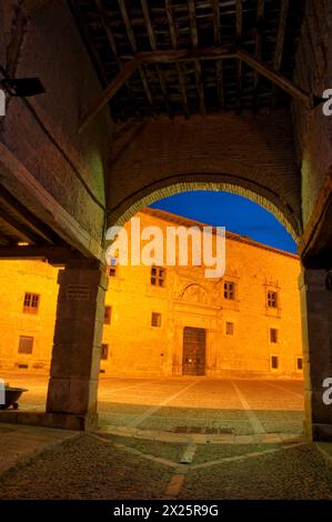 Avellaneda Palace, Nachtblick. Plaza Mayor, Peñaranda de Duero, Provinz Burgos, Castilla Leon, Spanien. Stockfoto