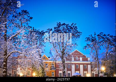 Das Stadtzentrum von Krasnystaw ist mit einer Herde Krähen geschmückt, die auf Bäumen im Park thront Stockfoto