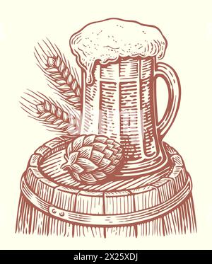 Glasbecher mit Bier auf Holzfässern. Brauerei, Pub Sketch. Handgezeichnete Vintage-Vektor-Illustration Stock Vektor