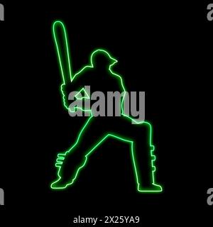 Cricket-Spieler Neon-Vektor-Kunst grün, blau, rot. Cricket Batsman Neonkunst. Cricket Schlagmann, Neonlichteffekt, voller schwarzer Hintergrund. Stockfoto