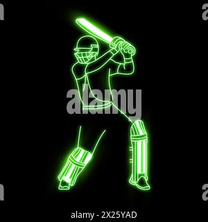 Cricket-Spieler Neon-Vektor-Kunst grün, blau, rot. Cricket Batsman Neonkunst. Cricket Schlagmann, Neonlichteffekt, voller schwarzer Hintergrund. Stockfoto