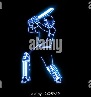 Cricket-Spieler Neon-Vektor-Kunst grün, blau, rot. Cricket Batsman Neonkunst. Cricket Schlagmann, Neonlichteffekt, voller schwarzer Hintergrund. Stockfoto