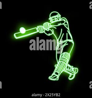 Cricket-Spieler Neon-Vektor-Kunst grün, blau, rot. Cricket Batsman Neonkunst. Cricket Schlagmann, Neonlichteffekt, voller schwarzer Hintergrund. Stockfoto