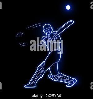 Cricket-Spieler Neon-Vektor-Kunst grün, blau, rot. Cricket Batsman Neonkunst. Cricket Schlagmann, Neonlichteffekt, voller schwarzer Hintergrund. Stockfoto