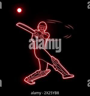 Cricket-Spieler Neon-Vektor-Kunst grün, blau, rot. Cricket Batsman Neonkunst. Cricket Schlagmann, Neonlichteffekt, voller schwarzer Hintergrund. Stockfoto