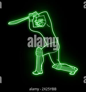 Cricket-Spieler Neon-Vektor-Kunst grün, blau, rot. Cricket Batsman Neonkunst. Cricket Schlagmann, Neonlichteffekt, voller schwarzer Hintergrund. Stockfoto