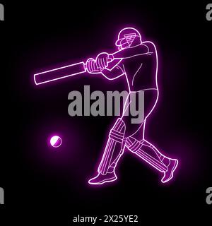 Cricket-Spieler Neon-Vektor-Kunst grün, blau, rot. Cricket Batsman Neonkunst. Cricket Schlagmann, Neonlichteffekt, voller schwarzer Hintergrund. Stockfoto