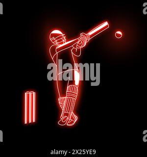 Cricket-Spieler Neon-Vektor-Kunst grün, blau, rot. Cricket Batsman Neonkunst. Cricket Schlagmann, Neonlichteffekt, voller schwarzer Hintergrund. Stockfoto