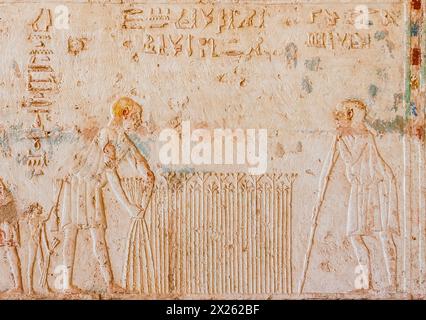 Ägypten, Thunfisch el Gebel, Grab von Petosiris, Flachsernte. Stockfoto