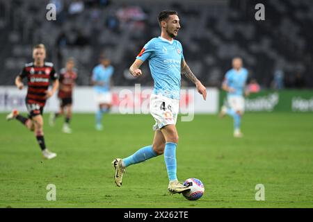 April 2024; CommBank Stadium, Sydney, NSW, Australien: A-League Football, WESTERN Sydney Wanderers gegen Melbourne City; Marin Jakolis aus Melbourne City spielt mit dem Ball Stockfoto