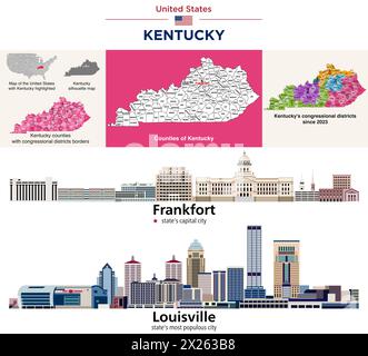 Kentucky Countys Karte und Kongressbezirke seit 2023 Karte. Frankfort (Hauptstadt des Bundesstaates) und Louisville (bevölkerungsreichste Stadt des Bundesstaates) skyli Stock Vektor