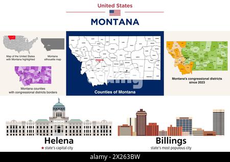 Montana Countys Karte und Kongressbezirke seit 2023 Karte. Skylines von Helena (Hauptstadt des Bundesstaats) und Billings (bevölkerungsreichste Stadt des Bundesstaats). Vec Stock Vektor