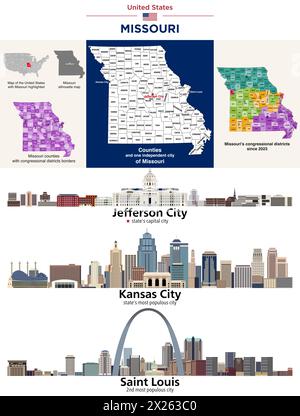 Missouri Countys Karte und Kongressbezirke seit 2023 Karte. Jefferson City (Hauptstadt des Bundesstaates), Kansas City und St. Louis (das populärste Land des Bundesstaates Stock Vektor
