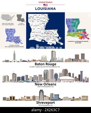 Louisianas Gemeinde Karte und Kongressbezirke seit 2023 Karte. Skylines von Baton Rouge (Hauptstadt des Bundesstaates), New Orleans und Shreveport. Vektorsatz Stock Vektor