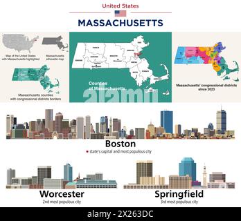 Massachusetts County Map und Kongressbezirke seit 2023 Map. Skylines von Boston, Worcester und Springfield. Vektorsatz Stock Vektor