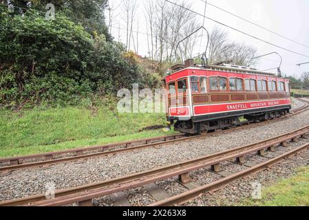 Snaefell Mountain Railway, eine überstädtische Straßenbahn, die Douglas, Laxey und Ramsay verbindet. Stockfoto