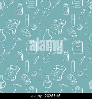 Medizinisches nahtloses Muster, klinische Kritzelelemente. Krankenhaus Icons Thermometer Check Diagnose Pillen Spritze Medizin Kapseln Stethoskop. Vektorillus Stock Vektor