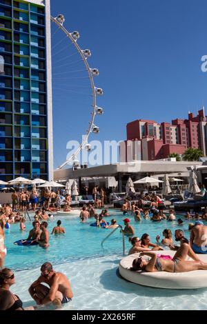 Las Vegas, Nevada. Millennials entspannen am Pool, dem Linq Hotel. High Roller, das weltweit höchste Beobachtungsrad (Stand 2015) im Hinterland Stockfoto