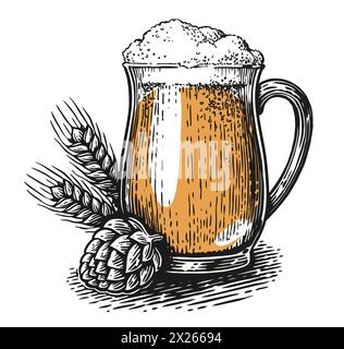 Glasbecher Bier, Hopfen und Weizenohren. Pub- und Brauereikonzept. Handgezeichnete Vintage-Vektor-Illustration Stock Vektor