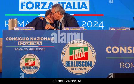 Roma, Italien. April 2024. Consiglio Nazionale Forza Italia al Hotel Parco dei Principi Roma. Nella foto Renato Schifani, Paolo Barelli- Roma, Italia - Sabato 20 April 2024 (Foto Valentina Stefanelli/LaPresse) Forza Italia National Council im Hotel Parco dei Principi Rome. Auf dem Foto, Sekretär Antonio Tajani während seiner Rede und der Ankündigung seiner Kandidatur bei den Europawahlen - Rom, Italien - Samstag, 20. April 2024 (Foto Valentina Stefanelli/LaPresse) Credit: LaPresse/Alamy Live News Stockfoto