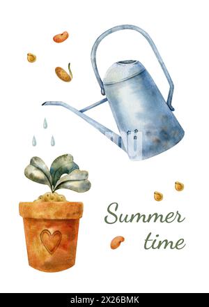 Sommerkarte, Poster für den Gärtner. Pflanzenpflege. Aquarellbilder von Hand gezeichnet. Gartenwerkzeuge, Gießkanne, Samen, Blume im Topf Stockfoto
