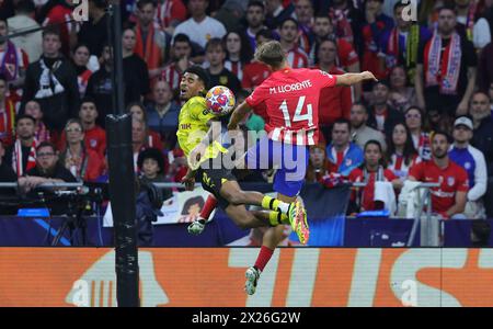 Madrid, Spanien. April 2024. firo: 10.04.2024, Fußball, UEFA CHAMPIONS LEAGUE, Saison 2023/2024, UCL, CL, Viertelfinale, erstes Leg, Atletico Madrid - BVB, Borussia Dortmund MAATSEN gegen LLORENTE/dpa/Alamy Live News Stockfoto