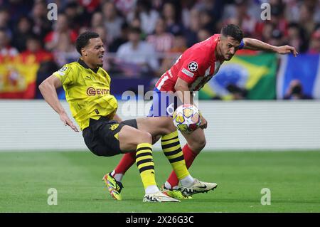 Madrid, Spanien. April 2024. firo: 10.04.2024, Fußball, UEFA CHAMPIONS LEAGUE, Saison 2023/2024, UCL, CL, Viertelfinale, erstes Leg, Atletico Madrid - BVB, Borussia Dortmund NMECHA gegen KOKE/dpa/Alamy Live News Stockfoto