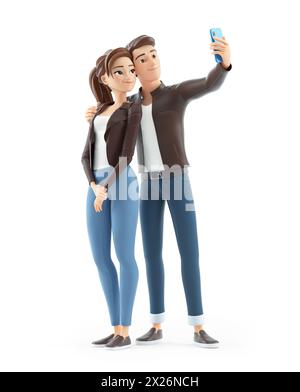 3D-Comic-Mann und -Frau, die Selfie auf dem Handy machen, Illustration isoliert auf weißem Hintergrund Stockfoto