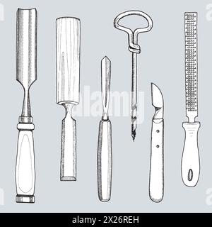 Handgezeichnete Holzbearbeitungswerkzeuge digitalisiert und isoliert als schwarze Linienzeichnung mit weißer Füllung Stock Vektor
