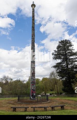 Egham, Großbritannien. April 2024. Der historische Windsor Totem Pole, der 1958 von der Regierung von British Columbia an Königin Elizabeth II. Geschenkt wurde, um das hundertjährige Bestehen der Provinz zu feiern, ist im Windsor Great Park zu sehen. Es wurde angekündigt, dass der 100-Fuß-Totempfahl im Windsor Great Park im Laufe des Jahres abgesenkt und zur Ruhe gelegt wird, mit Zustimmung der Familie seines Schöpfers Chief Mungo Martin, die das Ende seiner natürlichen Lebensdauer erreicht hat. Quelle: Mark Kerrison/Alamy Live News Stockfoto