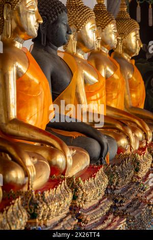 Vergoldete Buddha-Statuen (Bhumispara-mudra: Buddha Gautama im Moment der Erleuchtung), Wat Pho, Bangkok, Thailand Stockfoto