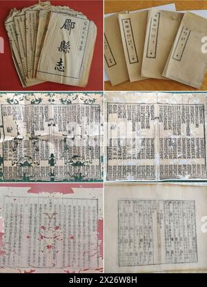 (240420) -- CHANGCHUN, 20. April 2024 (Xinhua) -- dieses von der Bibliothek der Universität Jilin bereitgestellte Foto zeigt den Vergleich einiger antiker Bücher vor und nach der Restaurierung. Die Universität Jilin verfügt über eine Sammlung von fast 400.000 antiken Büchern in ihrer Bibliothek. Laut Zhang Qi, einem Restauratoren antiker Bücher in der Bibliothek der Universität Jilin, führt die Schule seit den 1950er Jahren Restaurierungsarbeiten an alten Büchern durch, die seit Jahrzehnten nie unterbrochen wurden. Generationen von alten Bücherrestauratoren haben unzählige gebrochene alte Bücher mit ihren „zurück ins Leben gerufen“ Stockfoto