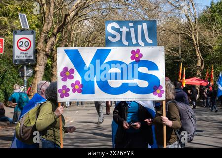 Glasgow, Schottland, Großbritannien. April 2024. Ein Schild mit der Aufschrift „immer noch Ja“ wird getragen, während die schottischen Unabhängigkeitsbefürworter vom Kelvingrove Park durch das Stadtzentrum zu einer Kundgebung auf dem George Square marschieren. Die Veranstaltung wurde von der Gruppe Believe in Scotland organisiert. Quelle: Skully/Alamy Live News Stockfoto