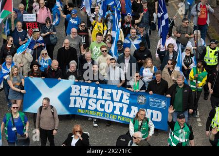 Glasgow, Schottland, 20. April 2024. Believe in Scotland Pro-Independence-Kundgebung mit dem Ersten Minister Humza Yousaf von der Scottish National Party am 20. April 2024 in Glasgow, Schottland. Foto: Jeremy Sutton-Hibbert/ Alamy Live News. Stockfoto