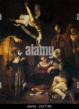 Krippe mit St.. Francis und St. Lawrence ist ein Gemälde der Krippe Jesu aus dem Jahr 1609 des italienischen Malers Caravaggio. Es ist seit 1969 verschwunden Stockfoto