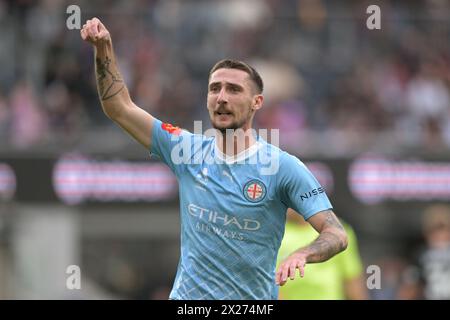 Parramatta, Australien. April 2024. Marin Jakolis vom Melbourne City FC wird während des Spiels der Isuzu UTE A-League 2023-24 in der Runde 25 zwischen Western Sydney Wanderers FC und Melbourne City FC im CommBank Stadium in Aktion gesehen. Endergebnis: Melbourne City FC 2:1 Western Sydney Wanderers FC. (Foto: Luis Veniegra/SOPA Images/SIPA USA) Credit: SIPA USA/Alamy Live News Stockfoto