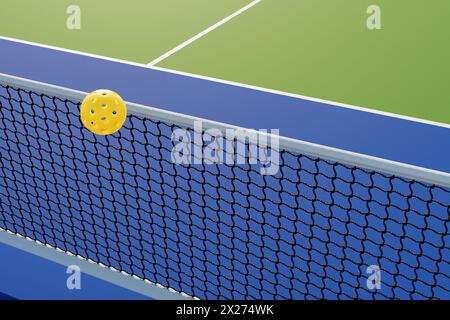 Ein Tennisball fliegt über das Netz des Sportplatzes. 3D-Rendering der Draufsicht. Stockfoto
