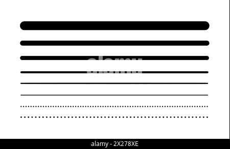 Satz von Linien mit unterschiedlicher Dicke. Handgezeichnete Linien – dicke, dünne, gepunktete Linien. Schwarze Linien werden auf weißem Hintergrund isoliert gesetzt Stockfoto