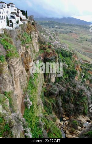 Häuser am Rande des El Tajo Canyon in Ernest Hemingways Ronda in Spanien. Stockfoto