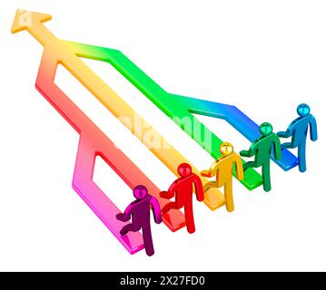 Synergiepfeil mit Stabfiguren. 3D-Rendering isoliert auf weißem Hintergrund Stockfoto
